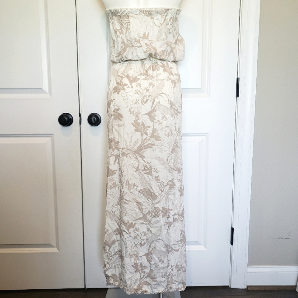NWT Surf Gypsy Tan White Tropical Floral Strapless Slit Maxi Dress Swim Cover S - Picture 7 of 11